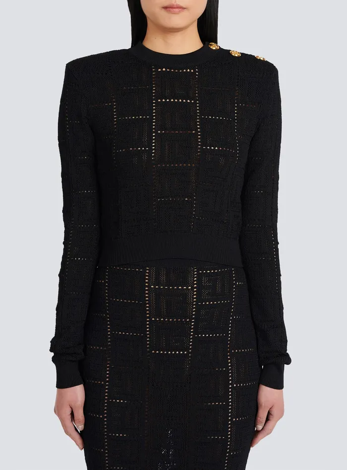 Balmain Cropped Ecodesigned Sweater With Monogram Black Women Knitwear
