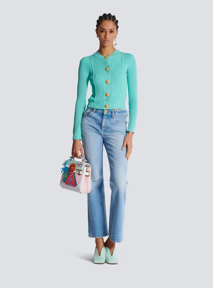 Balmain Cropped Knit Cardigan Blue Women Knitwear