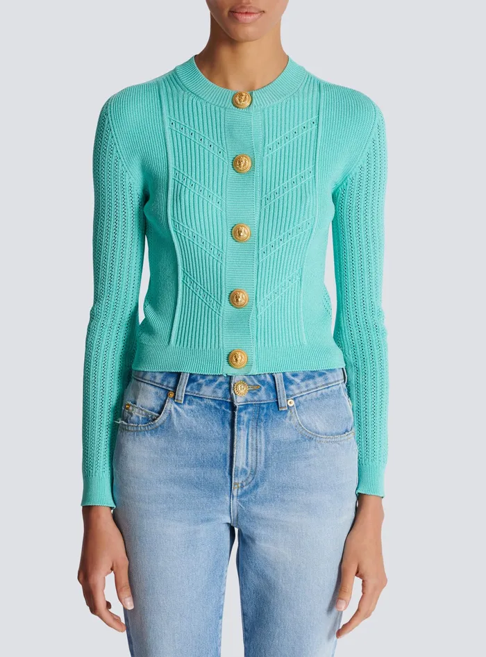 Balmain Cropped Knit Cardigan Blue Women Knitwear