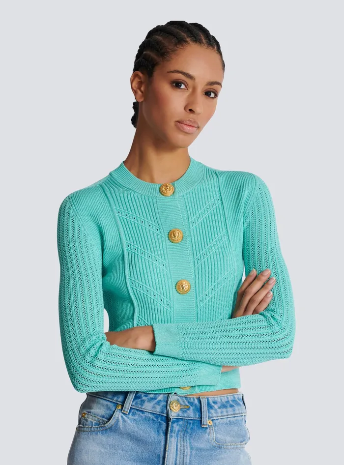 Balmain Cropped Knit Cardigan Blue Women Knitwear