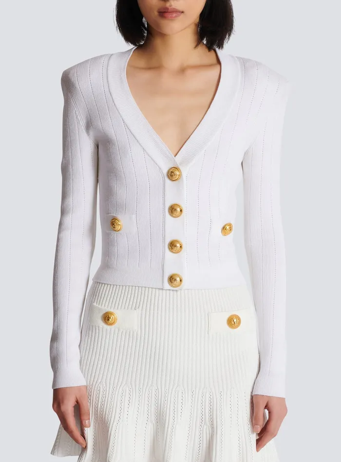 Balmain Cropped Knit Cardigan White Women Knitwear