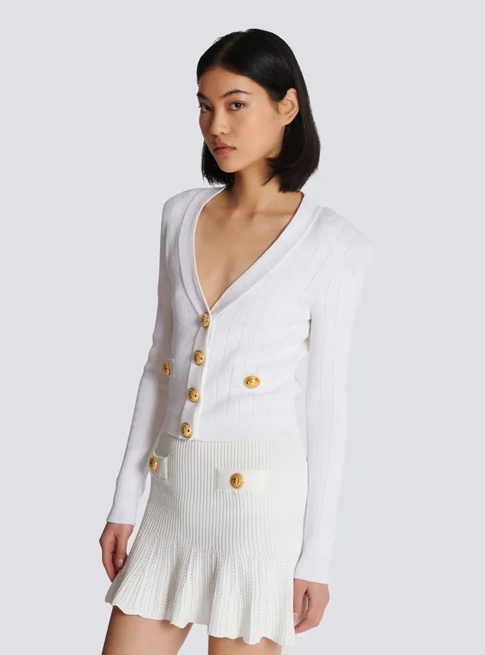 Balmain Cropped Knit Cardigan White Women Knitwear