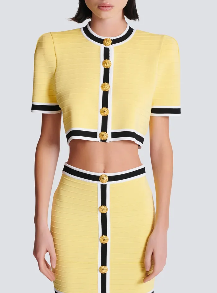 Balmain Cropped Knit Cardigan Yellow Women Knitwear