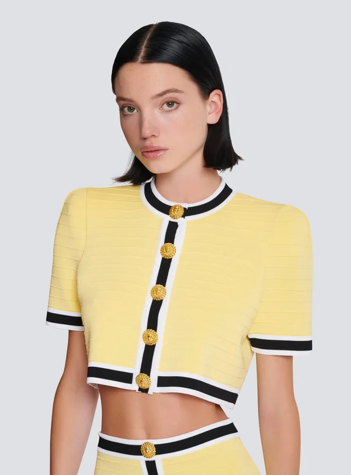 Balmain Cropped Knit Cardigan Yellow Women Knitwear