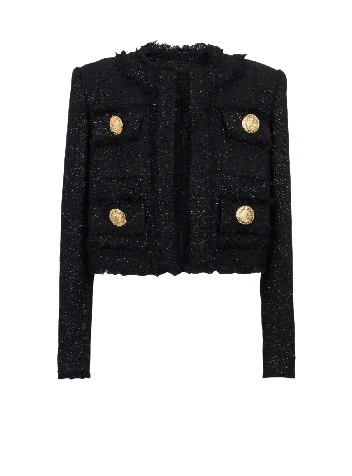 Balmain Cropped Lurex Tweed Jacket Black Women Jackets And Blazers