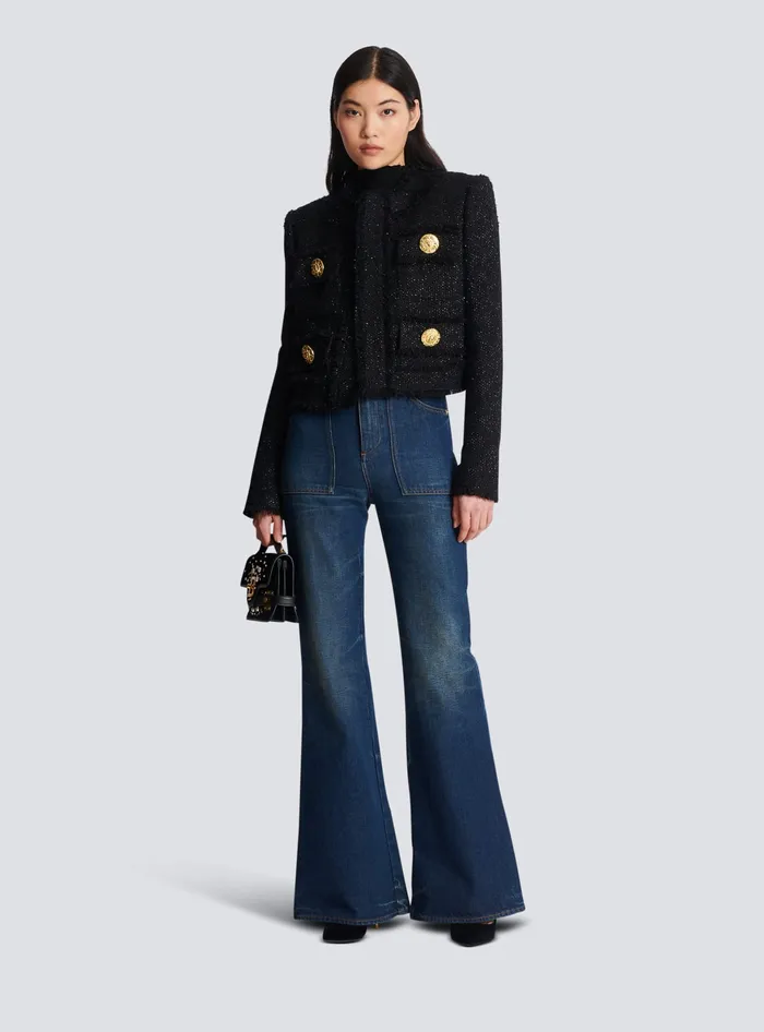 Balmain Cropped Lurex Tweed Jacket Black Women Jackets And Blazers