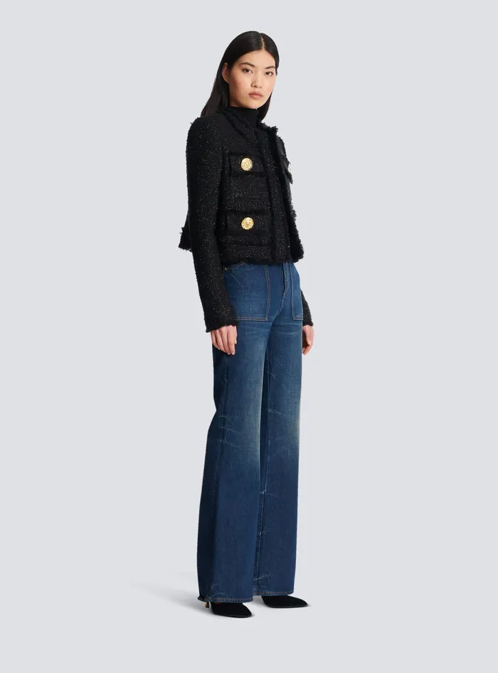 Balmain Cropped Lurex Tweed Jacket Black Women Jackets And Blazers