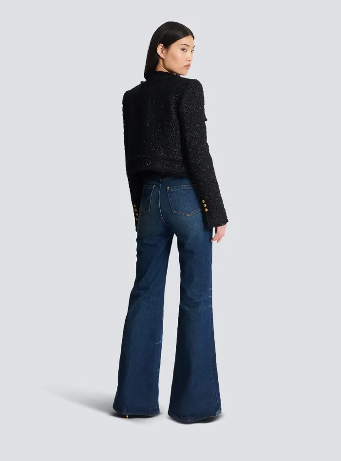 Balmain Cropped Lurex Tweed Jacket Black Women Jackets And Blazers