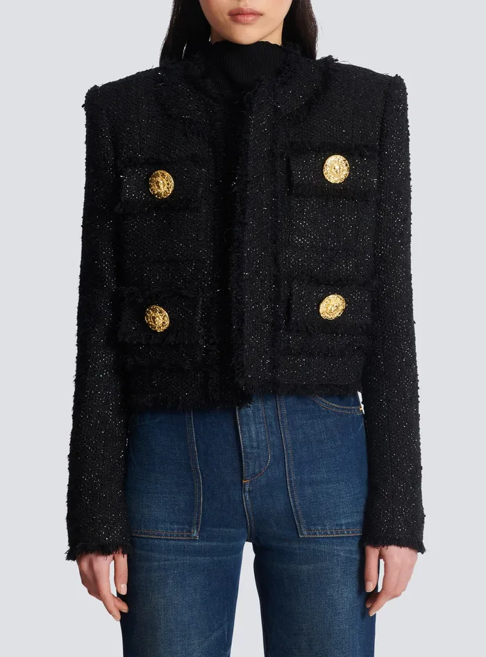 Balmain Cropped Lurex Tweed Jacket Black Women Jackets And Blazers