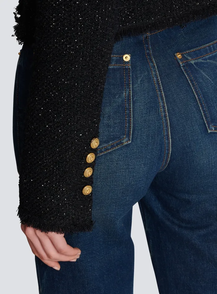 Balmain Cropped Lurex Tweed Jacket Black Women Jackets And Blazers