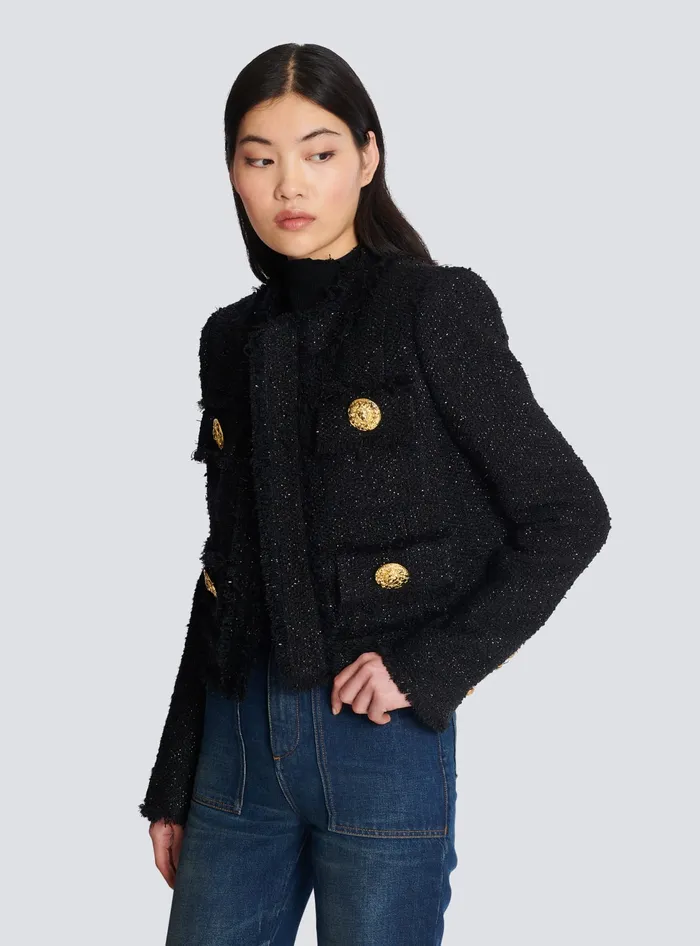 Balmain Cropped Lurex Tweed Jacket Black Women Jackets And Blazers