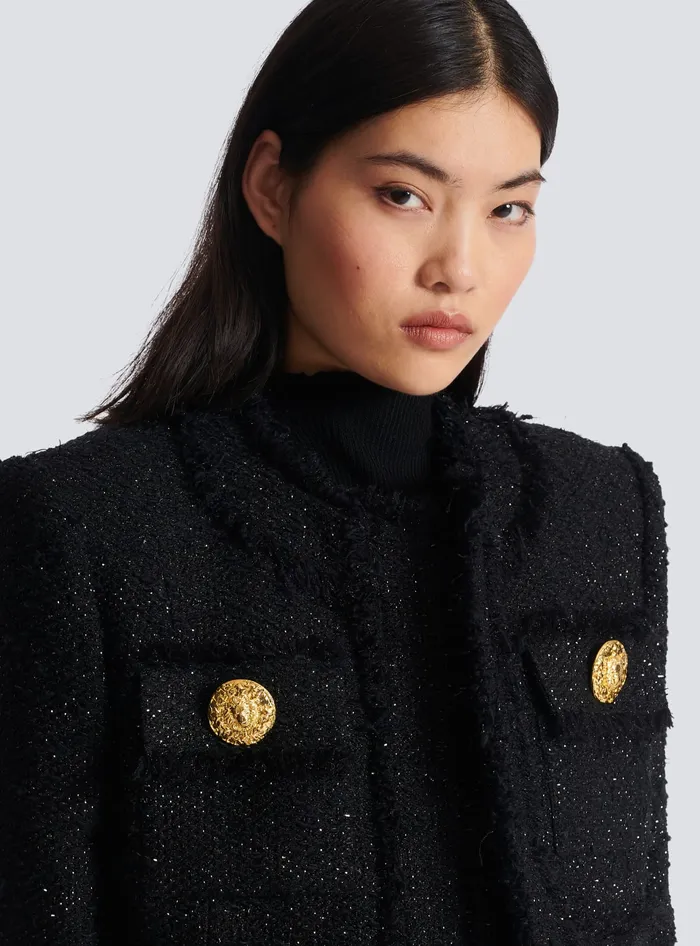 Balmain Cropped Lurex Tweed Jacket Black Women Jackets And Blazers