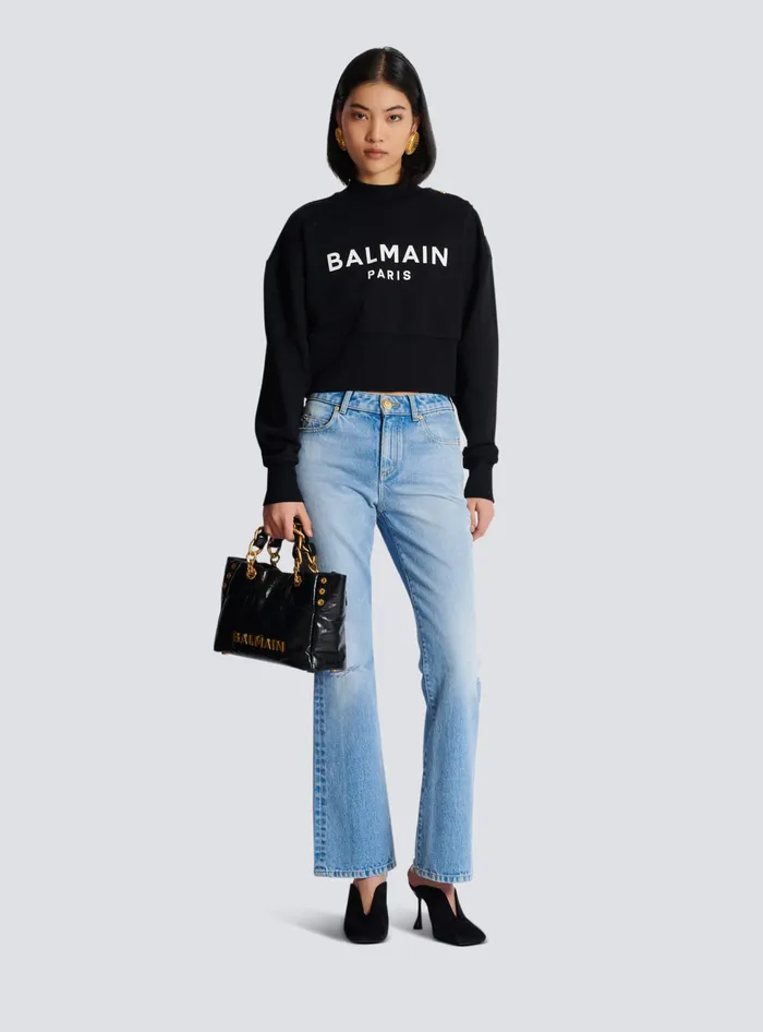 Balmain Cropped Sweatshirt With Paris Print Black Women Sweatshirts