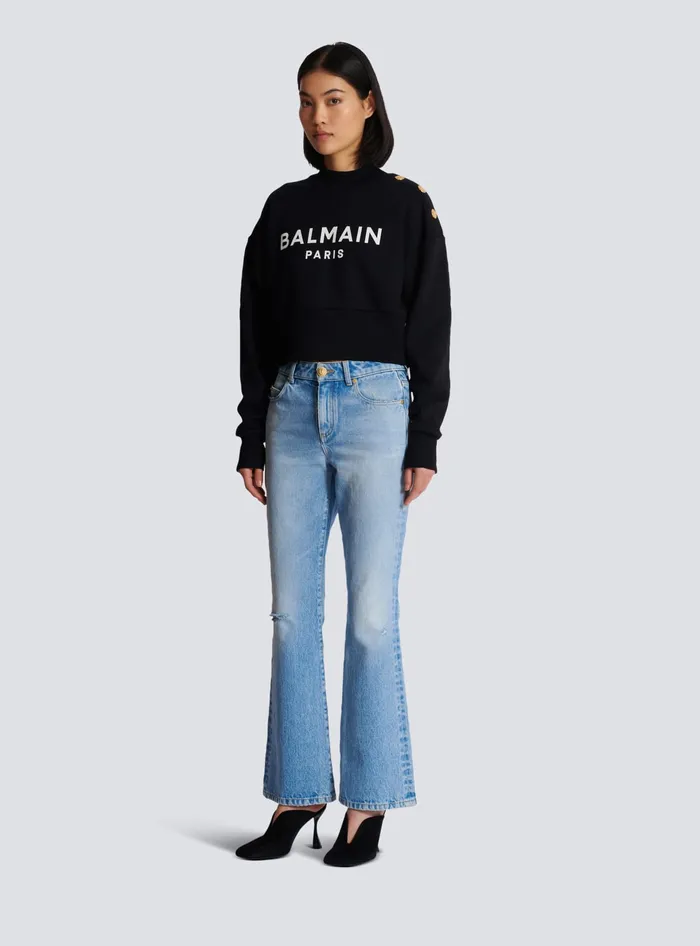 Balmain Cropped Sweatshirt With Paris Print Black Women Sweatshirts