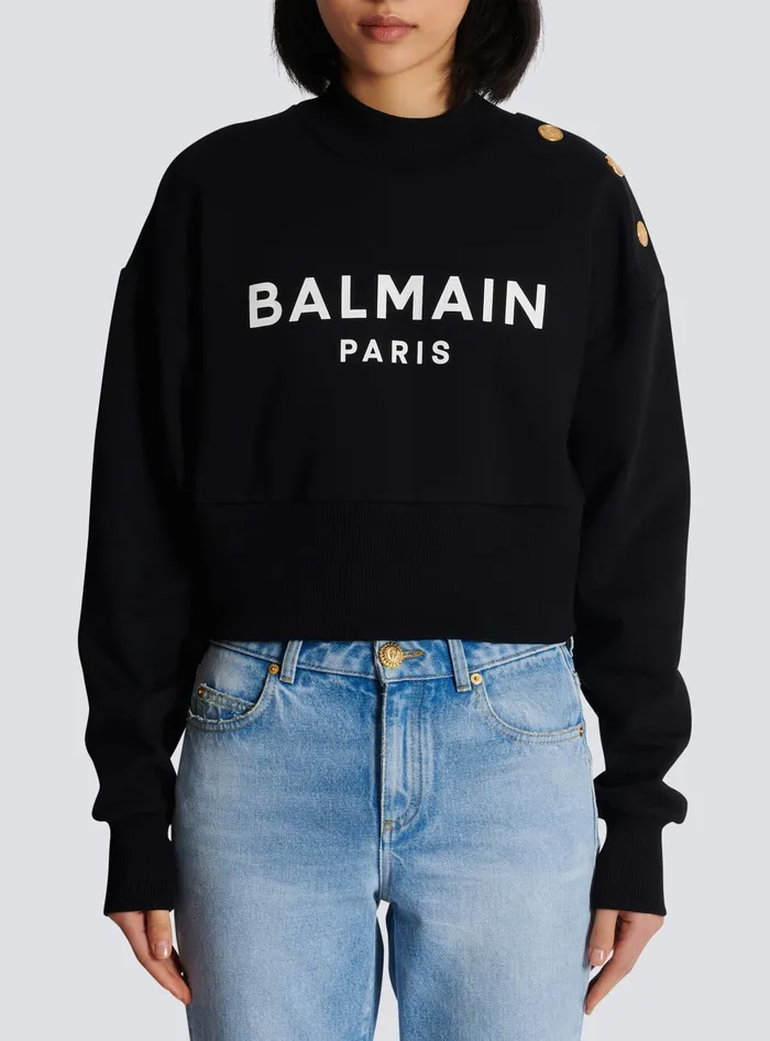 Balmain Cropped Sweatshirt With Paris Print Black Women Sweatshirts