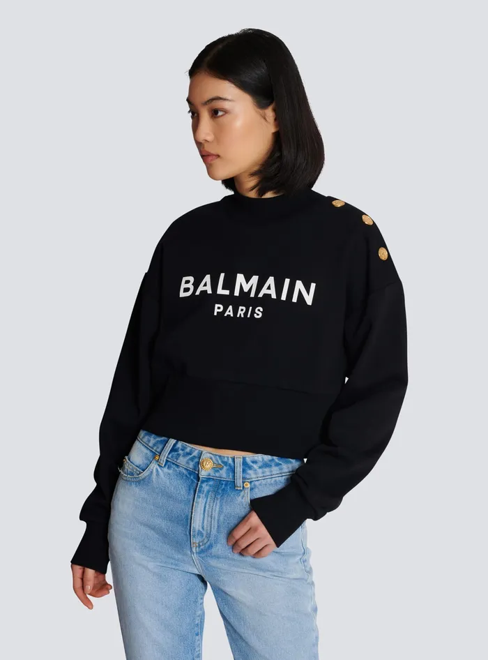 Balmain Cropped Sweatshirt With Paris Print Black Women Sweatshirts