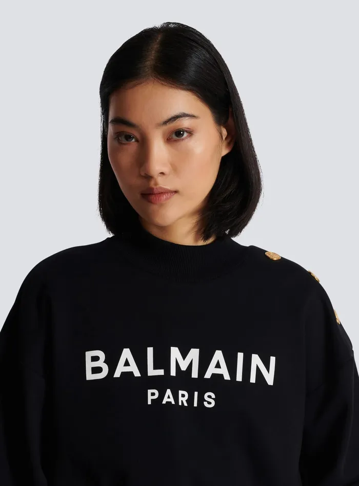 Balmain Cropped Sweatshirt With Paris Print Black Women Sweatshirts