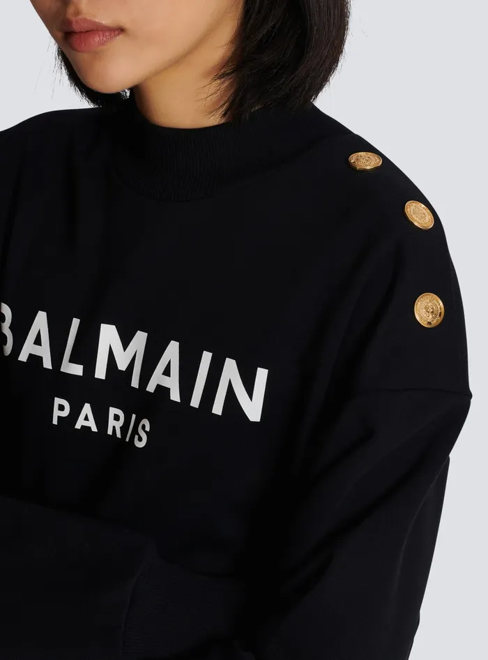Balmain Cropped Sweatshirt With Paris Print Black Women Sweatshirts