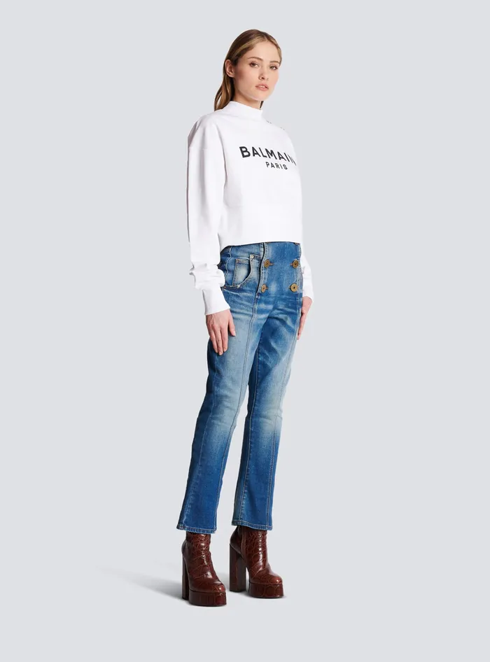 Balmain Cropped Sweatshirt With Paris Print White Women Sweatshirts