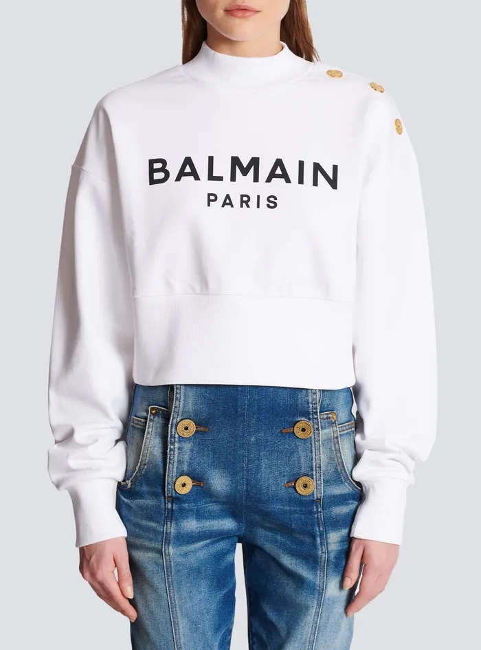 Balmain Cropped Sweatshirt With Paris Print White Women Sweatshirts