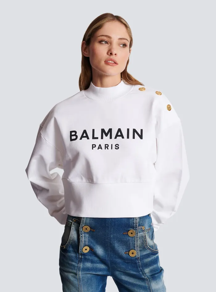 Balmain Cropped Sweatshirt With Paris Print White Women Sweatshirts
