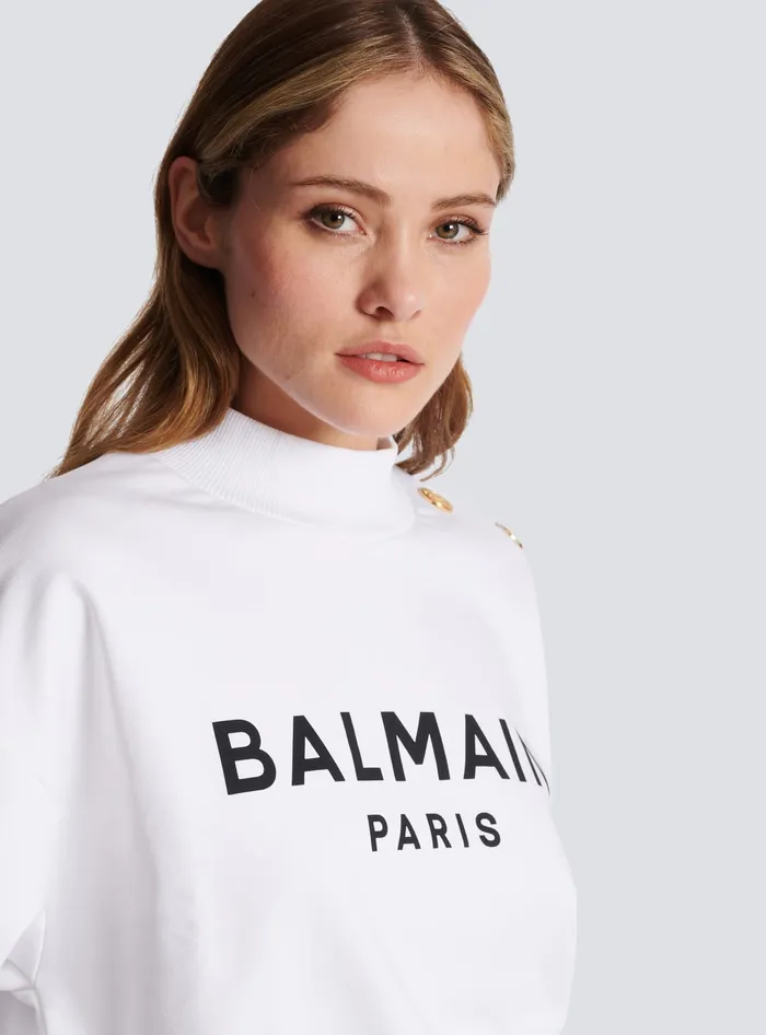 Balmain Cropped Sweatshirt With Paris Print White Women Sweatshirts