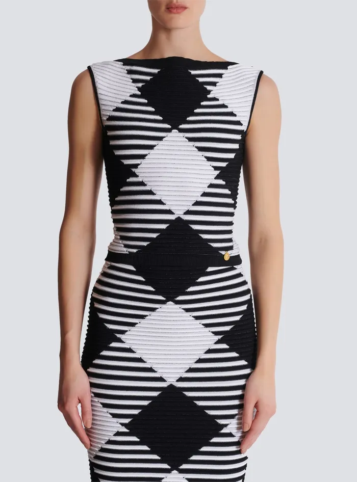 Balmain Cropped Top In Rolled Gingham Knit Black Women Tops And Shirts