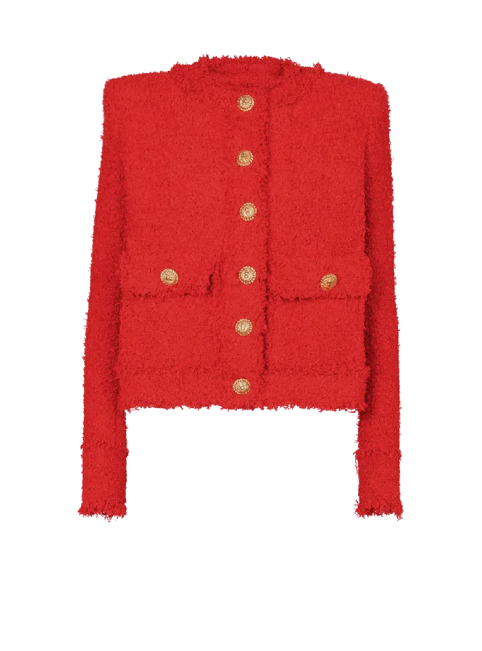 Balmain Cropped Tweed Jacket Red Women Jackets And Blazers
