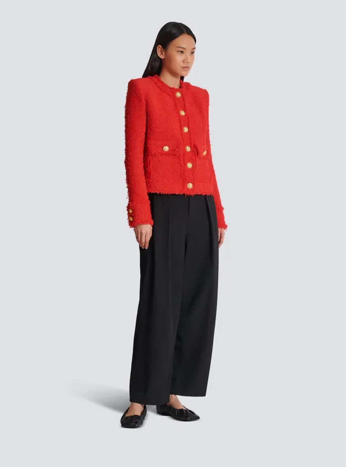 Balmain Cropped Tweed Jacket Red Women Jackets And Blazers