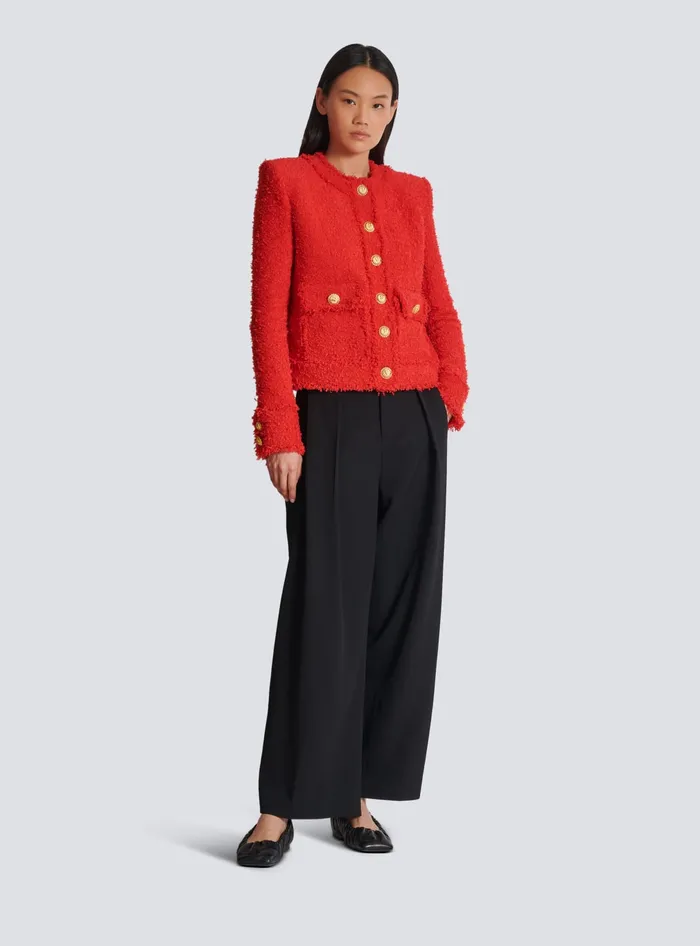 Balmain Cropped Tweed Jacket Red Women Jackets And Blazers