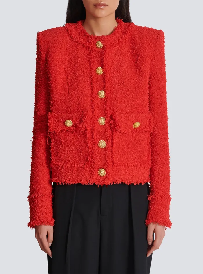 Balmain Cropped Tweed Jacket Red Women Jackets And Blazers