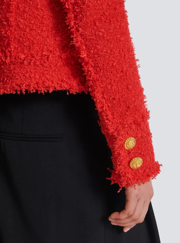 Balmain Cropped Tweed Jacket Red Women Jackets And Blazers