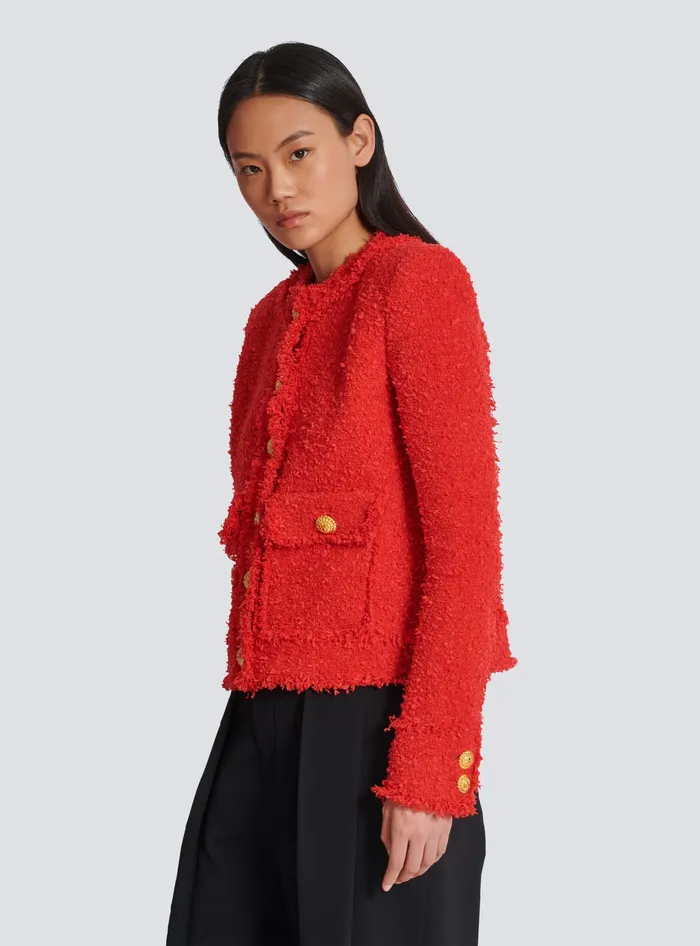 Balmain Cropped Tweed Jacket Red Women Jackets And Blazers