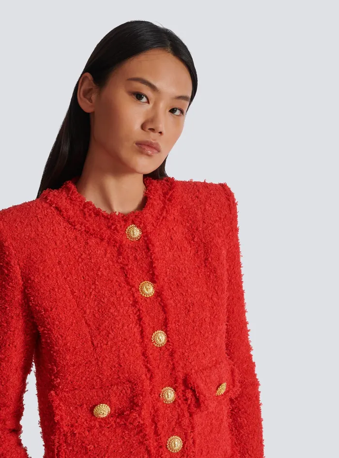 Balmain Cropped Tweed Jacket Red Women Jackets And Blazers