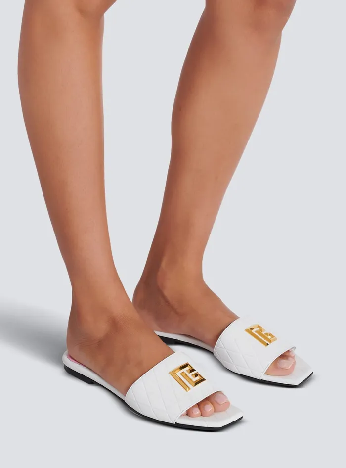 Balmain Dafne Calfskin Mules With Embossed Diamond White Women Flat Shoes
