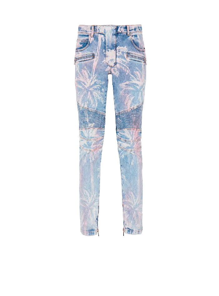 Balmain Denim Biker Jeans With A Palm Tree Print Blue Men Denim