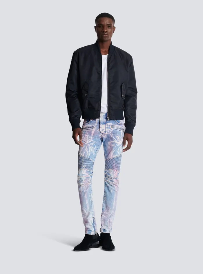 Balmain Denim Biker Jeans With A Palm Tree Print Blue Men Denim