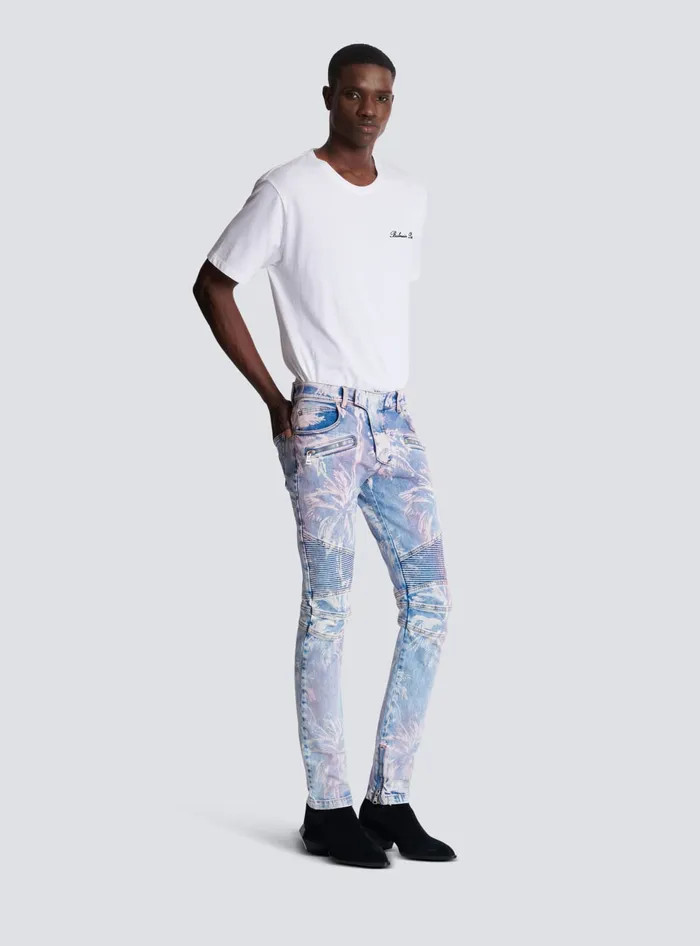 Balmain Denim Biker Jeans With A Palm Tree Print Blue Men Denim