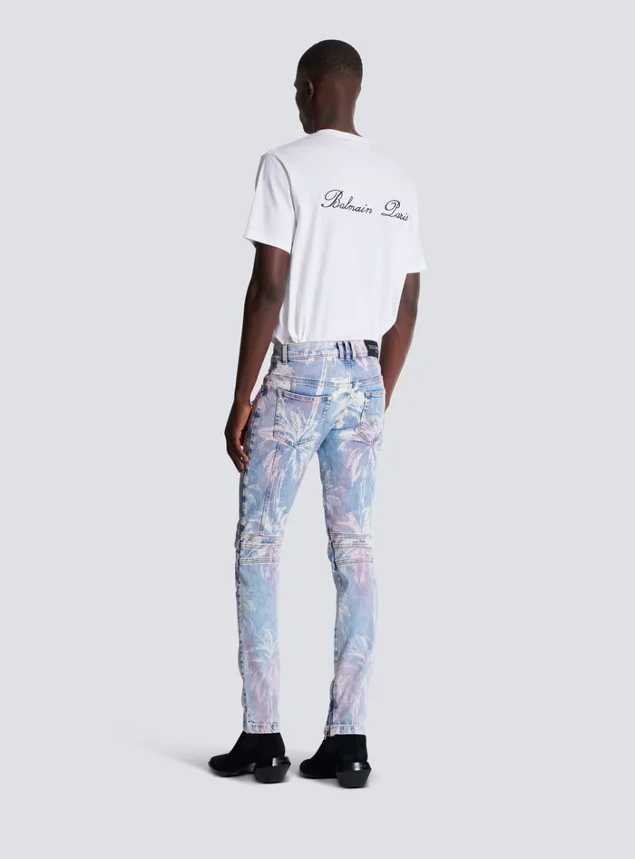 Balmain Denim Biker Jeans With A Palm Tree Print Blue Men Denim