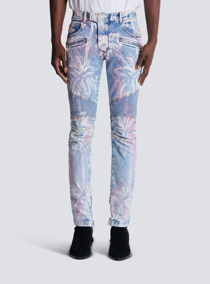 Balmain Denim Biker Jeans With A Palm Tree Print Blue Men Denim
