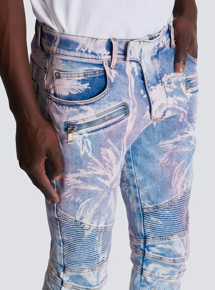 Balmain Denim Biker Jeans With A Palm Tree Print Blue Men Denim