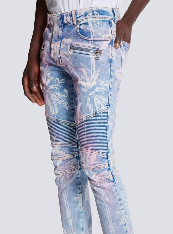 Balmain Denim Biker Jeans With A Palm Tree Print Blue Men Denim