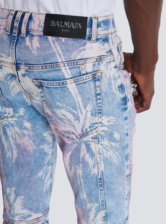 Balmain Denim Biker Jeans With A Palm Tree Print Blue Men Denim