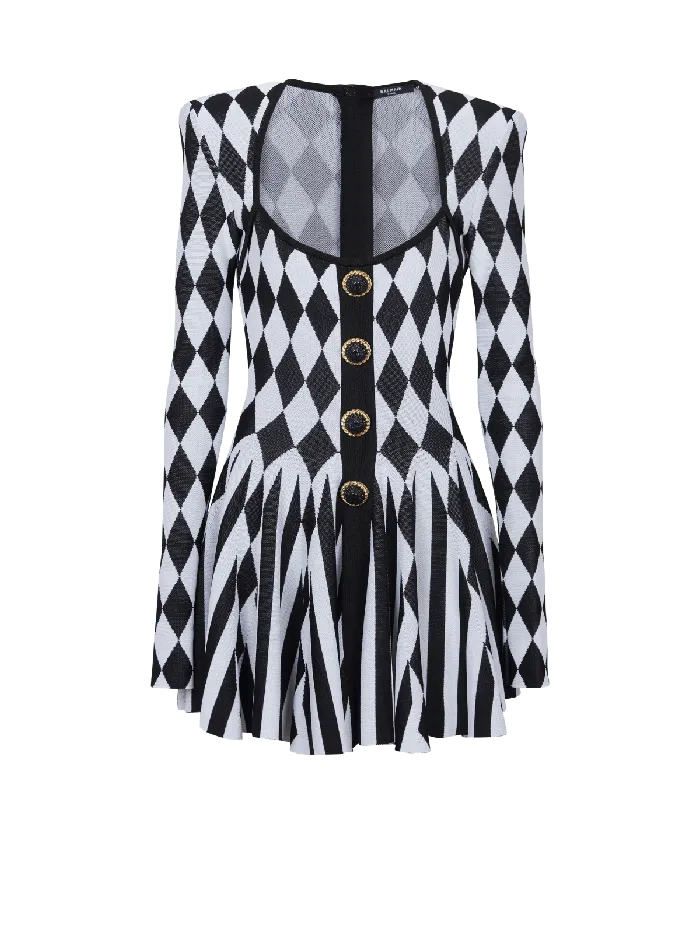 Balmain Diamond Jacquard Flared Knit Dress Black Women Dresses
