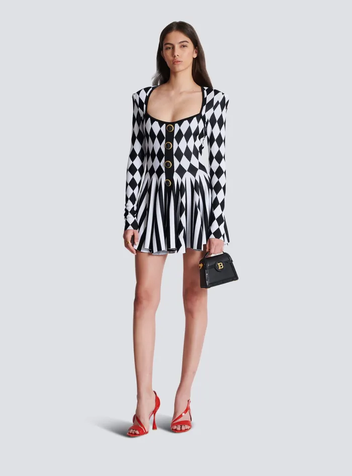 Balmain Diamond Jacquard Flared Knit Dress Black Women Dresses