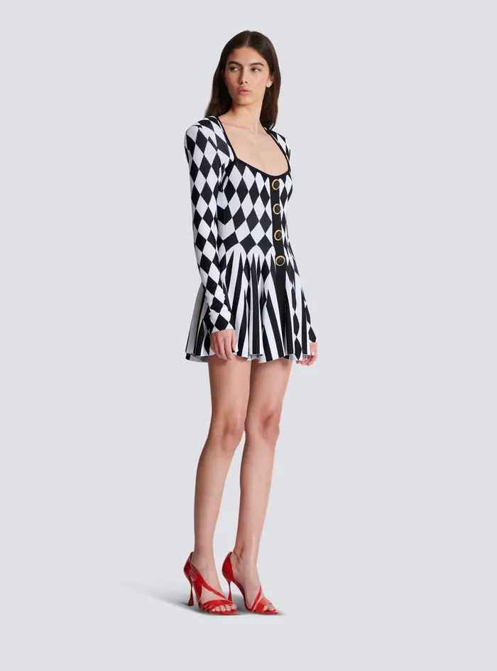 Balmain Diamond Jacquard Flared Knit Dress Black Women Dresses