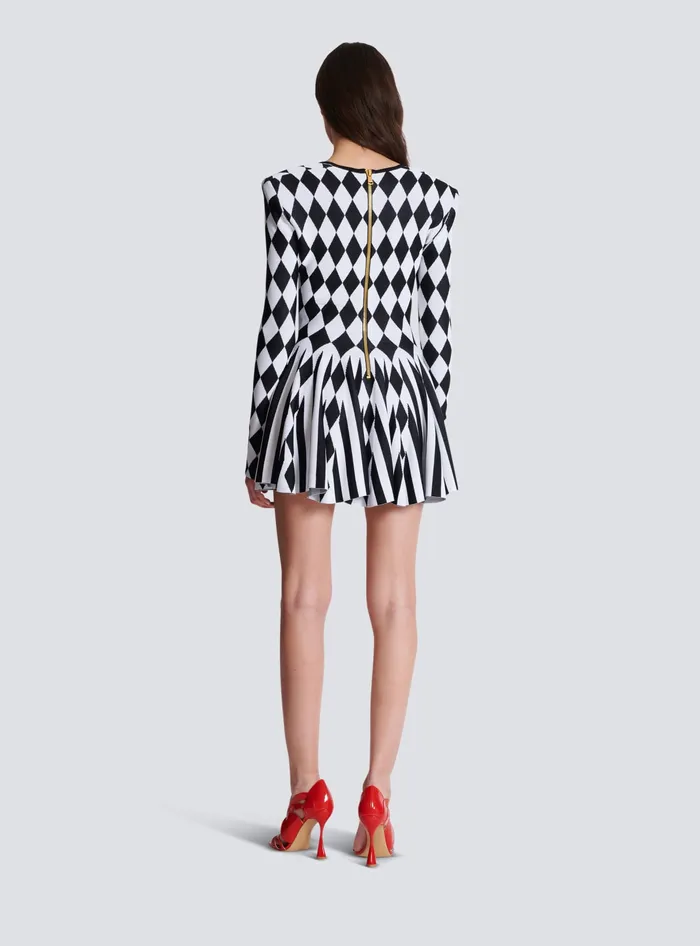 Balmain Diamond Jacquard Flared Knit Dress Black Women Dresses