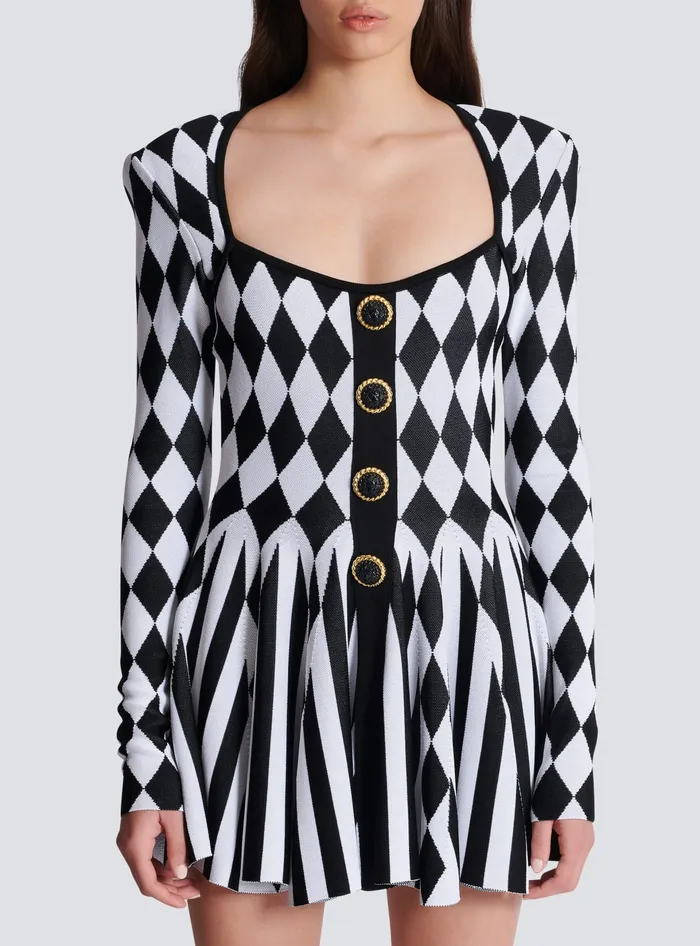 Balmain Diamond Jacquard Flared Knit Dress Black Women Dresses