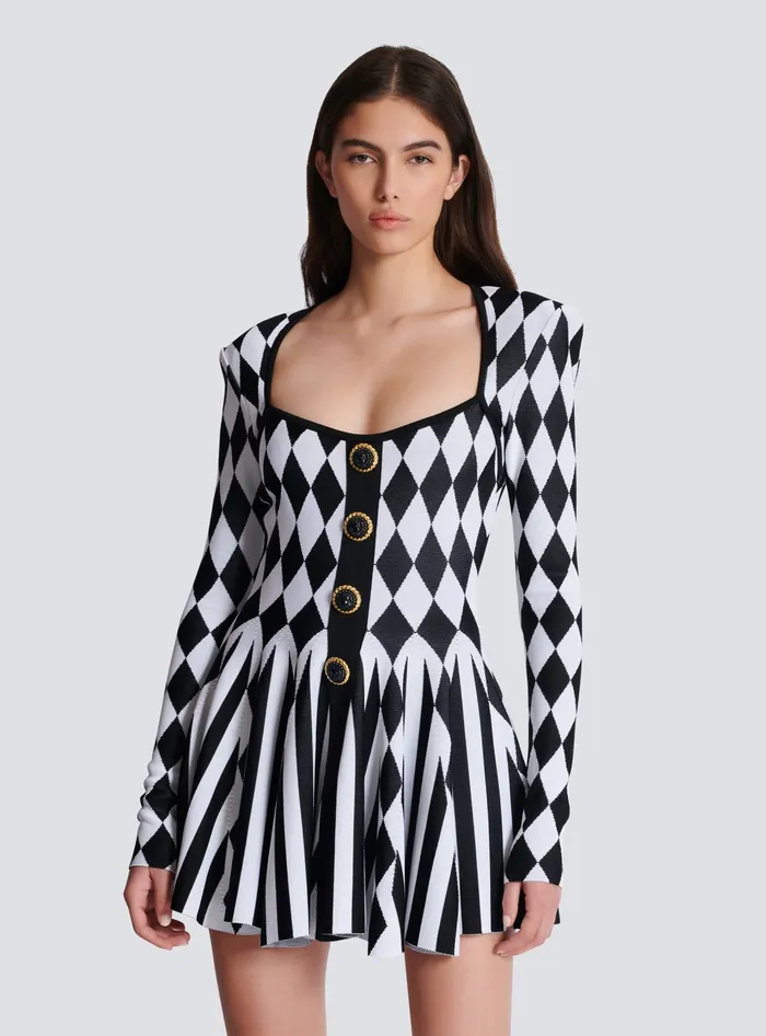Balmain Diamond Jacquard Flared Knit Dress Black Women Dresses