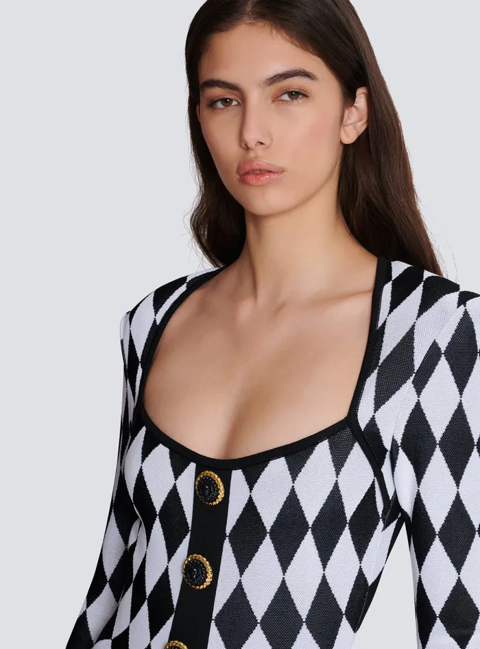 Balmain Diamond Jacquard Flared Knit Dress Black Women Dresses